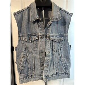 Vtg 90s Carol's Denim Distressed Worn Streetwear Button Up Vest WOMENS LARGE